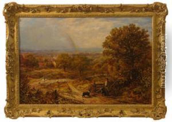 Extensive Landscape With Figures & Dogs Herding Sheep & Distant Rainbow Oil Painting - George William Mote