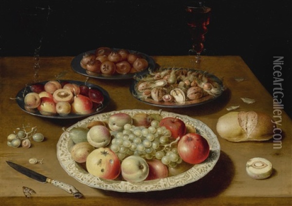 Still Life On A Plain Wooden Table: A Large Wan-li Porcelain Dish Of Fruit, A Pewter Dish Of Fruit, Medlars And Nuts, A Moth, Two Venetian-style Glasses Of Wine, One White And The Other Red, A Knife With An Ornamental Handle, White Grapes, A Roll Of Bread Oil Painting - Osias Beert the Elder