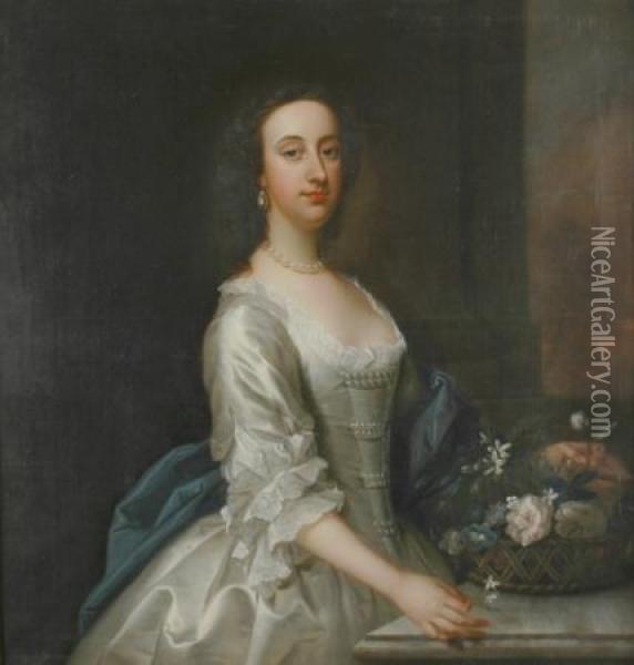 Lady In A White Satin Dress Oil Painting - Thomas Hudson