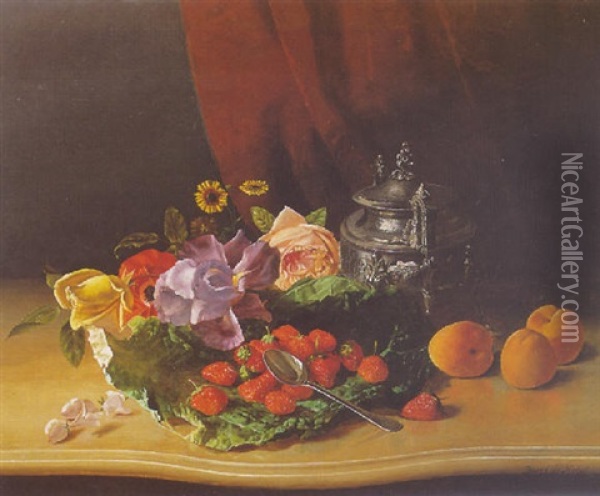 A Still Life Of Flowers And Strawberries Oil Painting - David Emile Joseph de Noter