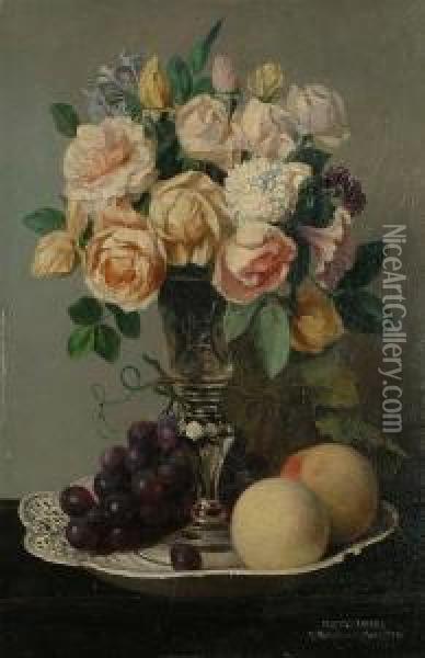 Still Life Of Flowers In A Glass Vase Standing On A Plate Oil Painting - Adrien Joseph Verhoeven-Bell