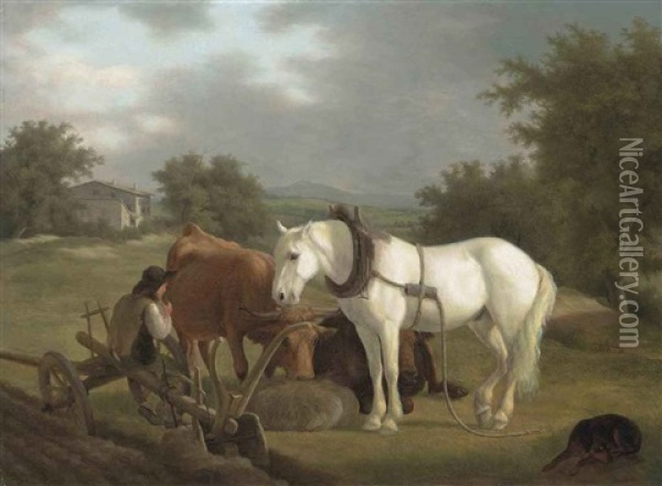 A Rural Landscape With A Plowman Resting With His Gray Horse, Cattle And Dog Oil Painting - Jacques-Laurent Agasse