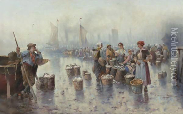 Fishermen In The Harbour Oil Painting - Adolf Baumgartner-Stoiloff