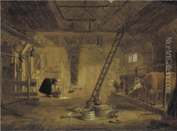 A Barn Interior With Four Cows, A Milk Maid Cleaning A Pot, Andearthenware Pots In The Foreground Oil Painting - Govert Dircksz. Camphuysen