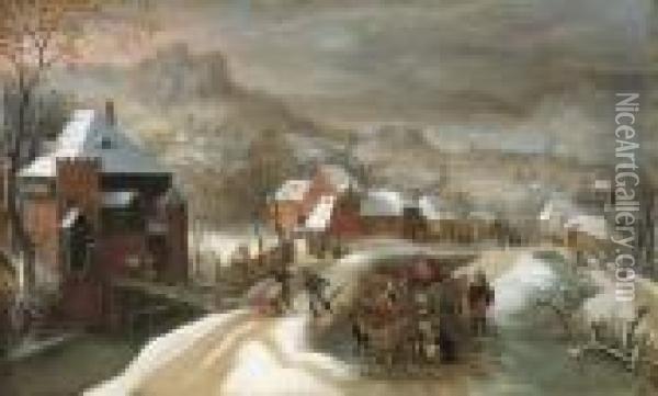 A Winter Landscape With Soldiers In A Village Oil Painting - Jacob Grimmer