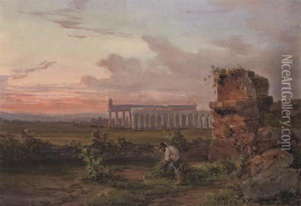 A Peasant Before Paestum At Dusk Oil Painting - Giacinto Gigante