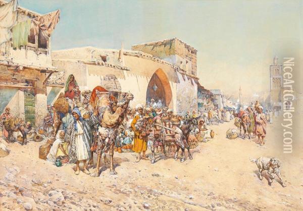 Marche Arabe A L'entree D'une Ville. Oil Painting - Mariano De Franceschi