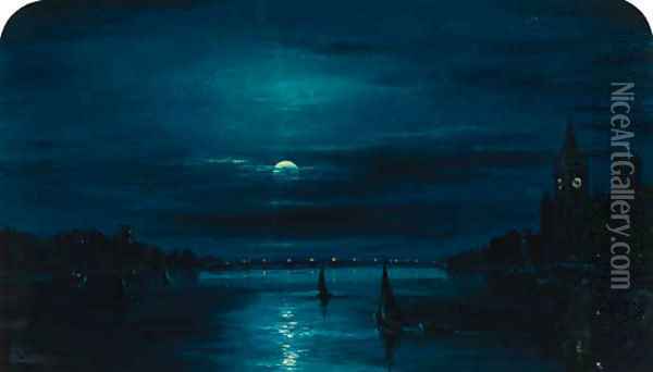 Moonlight over the Thames at Westminster Oil Painting - S.L. Kilpack