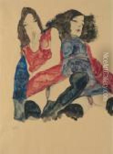 Zwei Madchen Oil Painting - Egon Schiele
