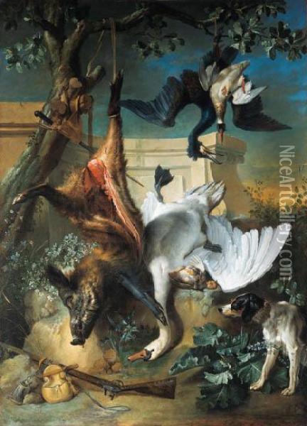 'la Retour De Chasse': A Hunting Dog Guarding Dead Game Oil Painting - Jean-Baptiste Oudry