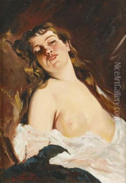 Portrat Einer Barbusigen Frau Mit Offenem Haar. Oil Painting - Charles Josua Chaplin