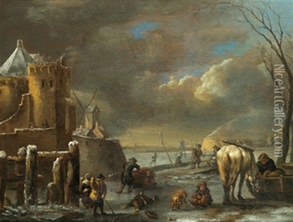 Winterlandschaft Vor Einer Befestigten Stadt Mit Vielen Figuren Oil Painting - Nicolaes Molenaer