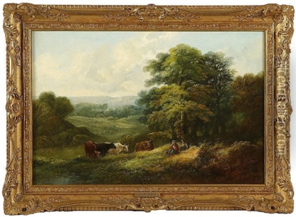 Figures Resting In A Landscape, With Cattle By A Pond Oil Painting - John Joseph (of Bath) Barker