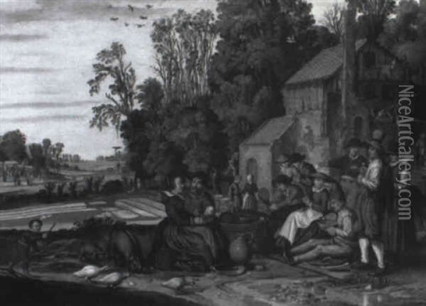 Peasants Resting Near Buildings From Their Work Bleaching Fields Oil Painting - Joost Cornelisz. Droochsloot