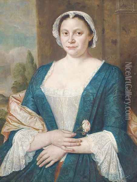 Portrait of a lady, half-length, in a blue and white dress with a pink shawl and white cap Oil Painting - Harmen Serin