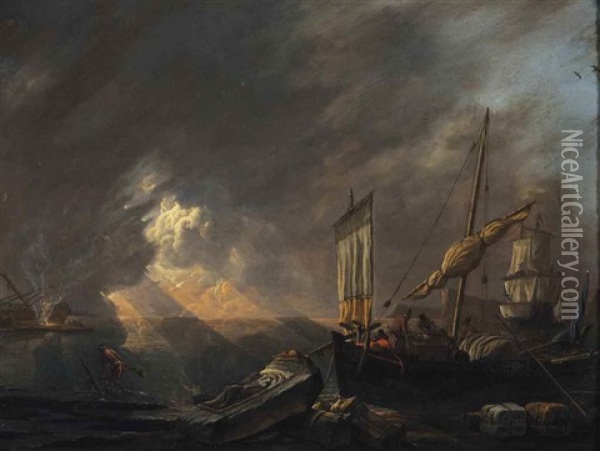 A Mediterranean Coast At Dawn With A Galliot Preparing To Unload Its Cargo, A Frigate Being Caulked Beyond Oil Painting - Lieve Pietersz Verschuier
