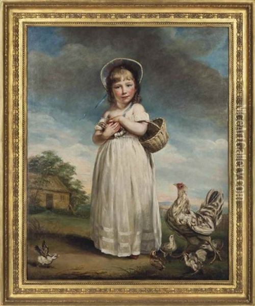 Portrait Of Harriet Bailey Foster, Later Mrs Charles Kennett (c.1784-1851), As A Child, Full-length, In A White Dress And Bonnet, Holding A Basket And A Chick, In A Rural Landscape Oil Painting - James (Thomas J.) Northcote