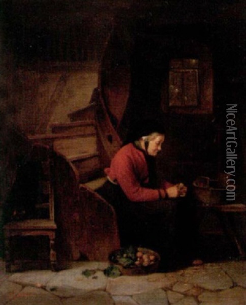 Hushallsbestyr - Allmogeinterior Med Kvinna Oil Painting - Anders Gustav Koskull
