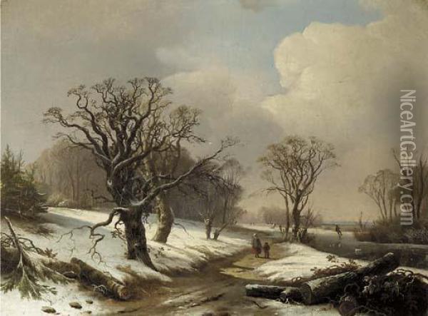 Peasants In A Wooded Summer Landscape; Travellers In A Wooded Winter Landscape Oil Painting - Pieter Lodewijk Francisco Kluyver