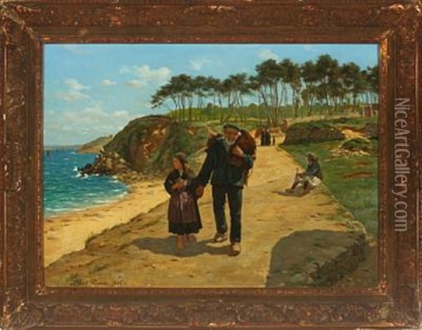 Coastal Scenery From Bretagne, With Fisherman And His Daughter Oil Painting - Paul Abram