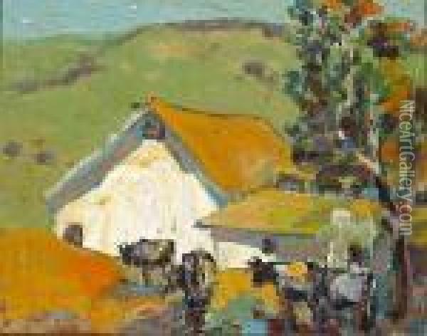 Farmhouse With Grazing Cattle Oil Painting - Selden Connor Gile