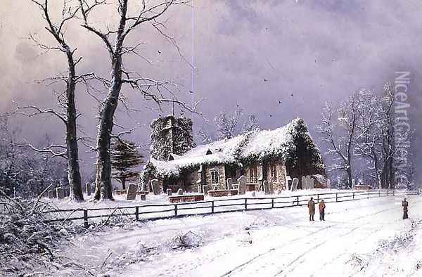 Winter Scene with Figures on a Path near a Church Oil Painting - Nils Hans Christiansen