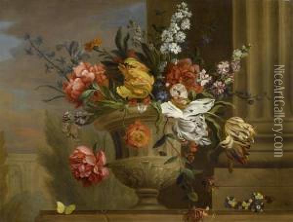 Bouquet Of Flowers With Architectural Setting Oil Painting - Jakob Bogdani Eperjes C