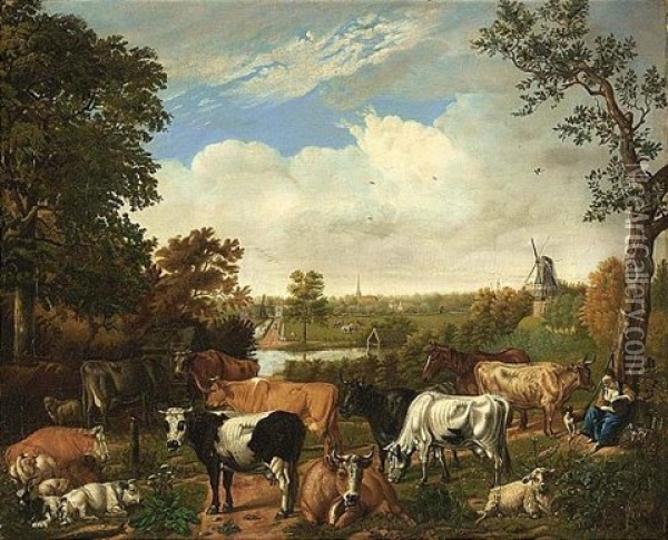 A Wooded Landscape With A Shepherdess Resting Under A Tree With Sheep, Goats And Cows, Rijswijk With The Oude Kerk Beyond Oil Painting - Jan van Gool