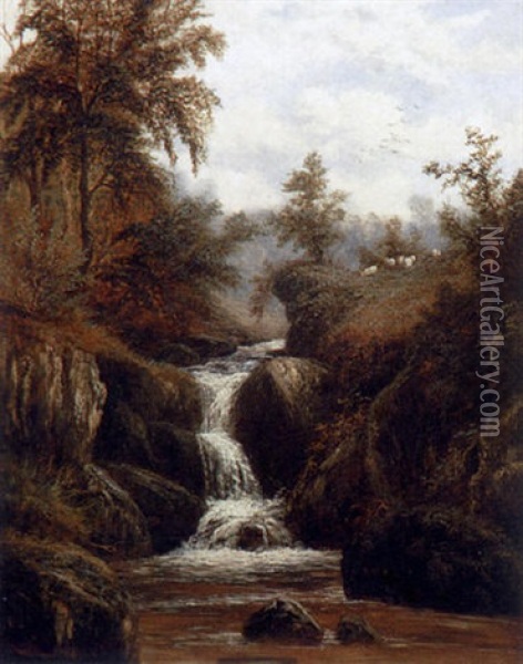 A Woodland Waterfall Oil Painting - William Mellor