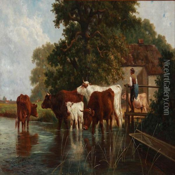 Watering The Cows Oil Painting - Constant Troyon