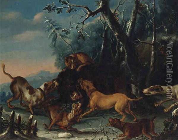 Hounds Attacking A Boar Oil Painting - Carl Borromaus Andreas Ruthart