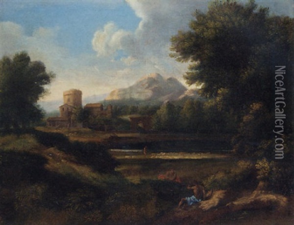 An Italianate Landscape With Shepherds In The Foreground Oil Painting - Gaspard Dughet