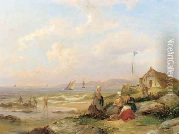 A coastal landscape with fisherwomen in the dunes Oil Painting - Pieter Christiaan Cornelis Dommersen