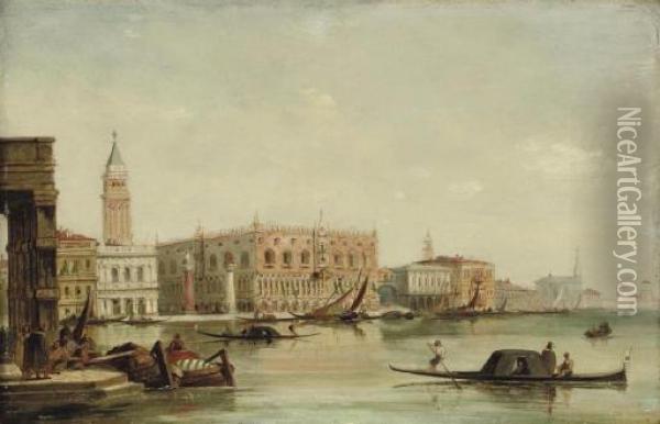 Gondolas Before The Doge's Palace, Venice Oil Painting - Edward Pritchett