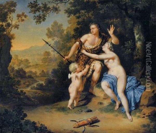 Venus And Adonis With Cupid In An Extensive Landscape Oil Painting - Willem van Mieris