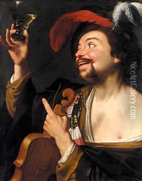 A Merry Violinist Holding A Roemer Oil Painting - Gerrit Van Honthorst