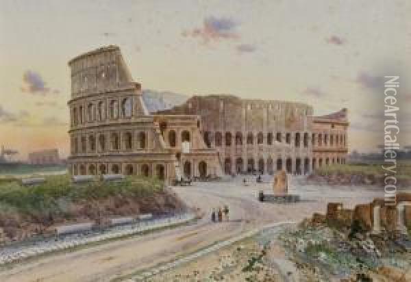 Roma, Carrozze E Figure In Strada Davanti Al Colosseo Oil Painting - Federico Schianchi