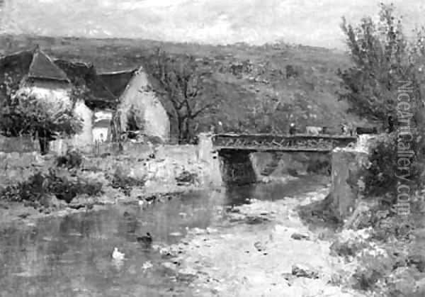A hilly summer landscape with a bridge crossing a brook Oil Painting - Louis Appian