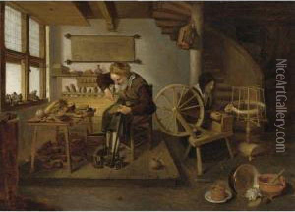 A Cobbler At Work, His Wife Spinning Wool Oil Painting - Quiringh Gerritsz. van Brekelenkam