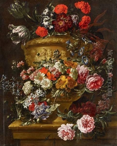 Pair Of Still Lifes With Flowers In Stone Vases Oil Painting - Jan-Baptiste Bosschaert