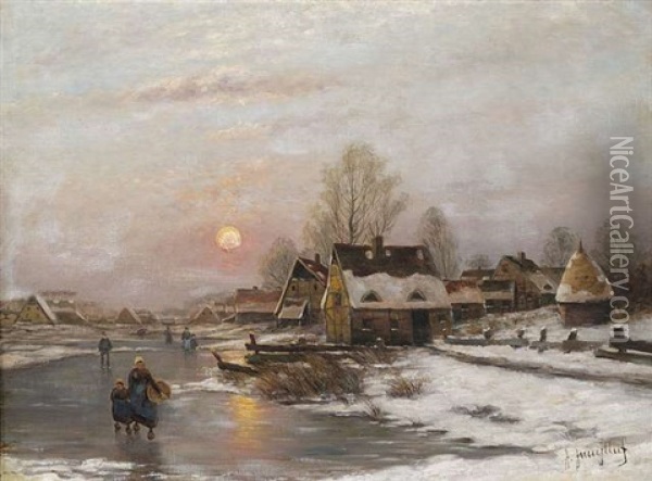 Abendliche Winterlandschaft Mit Heimkehrern Auf Einem Zugefrorenem Kanal Oil Painting - Johann Jungblut