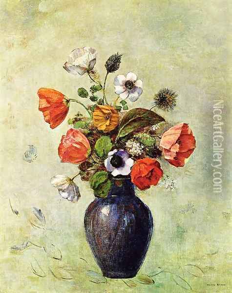 Anemones And Poppies In A Vase Oil Painting - Odilon Redon