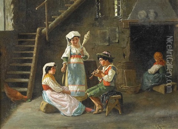 Italienisches Interieur Mit Kindern Oil Painting - Guilio Amodio