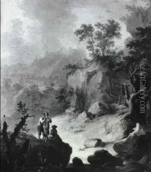 A Rocky River Landscape With Youths Observing A Hermit Oil Painting - Franz de Paula Ferg