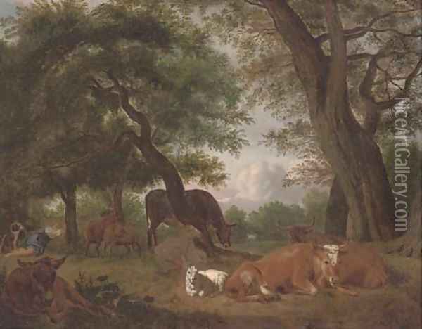 A wooded clearing with a shepherd and cattle resting Oil Painting - Michael Carree