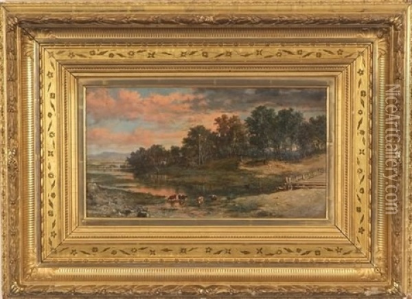 Luminous Landscape With Setting Sun Over Tree Lined Pasture And Stream With Cows In Foreground Oil Painting - William M. Hart