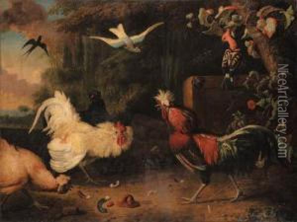 Two Cocks Fighting, With Hens, A Swallow And Two Exotic Birds In Awooded Landscape Oil Painting - Adriaen van Oolen
