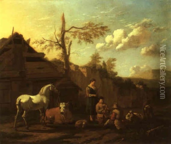 Peasants With Cattle Playing Cards By A Shed In A Landscape Oil Painting - Karel Dujardin