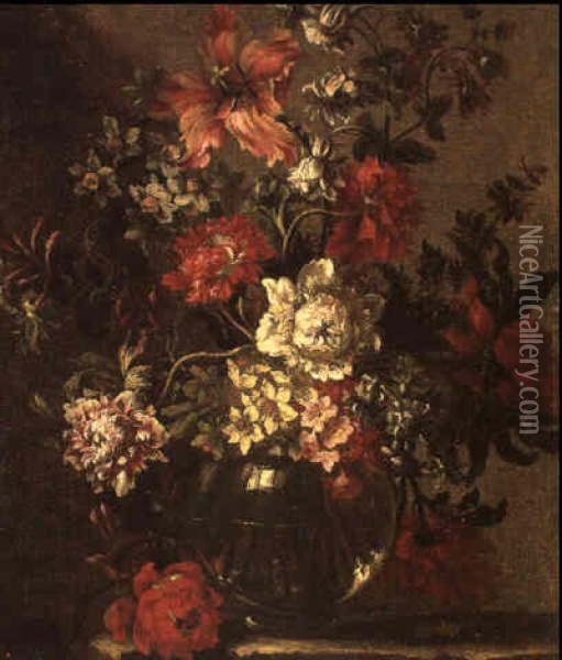 Bouquet De Fleurs Dans Un Vase En Verre Oil Painting - Jean-Baptiste Monnoyer