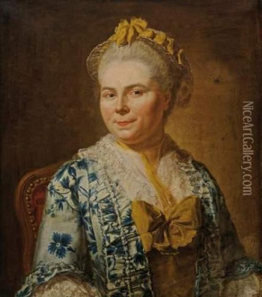 Portrait De Femme A La Robe De Soie Bleue Et Jaune Oil Painting - Jacques Andre Joseph Aved